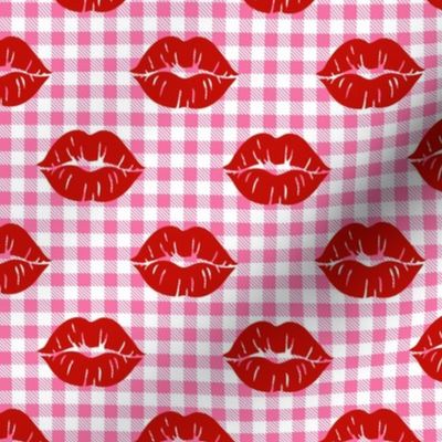 Medium Scale Bright Red Lips on Hot Pink and White Gingham Checker Plaid