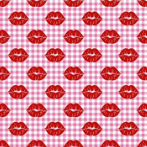 Medium Scale Bright Red Lips on Hot Pink and White Gingham Checker Plaid