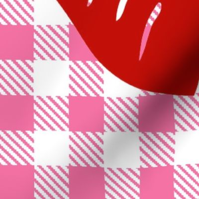  18x18 Square Panel for Cushion or Pillow Bright Red Lips on Hot Pink and White Gingham Checker Plaid