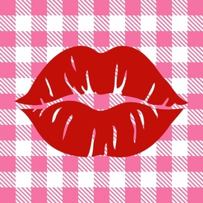  18x18 Square Panel for Cushion or Pillow Bright Red Lips on Hot Pink and White Gingham Checker Plaid