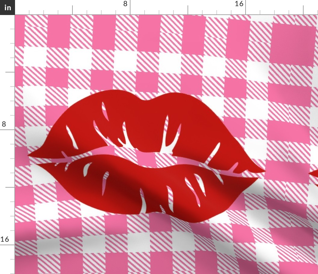 18x18 Square Panel for Cushion or Pillow Bright Red Lips on Hot Pink and White Gingham Checker Plaid