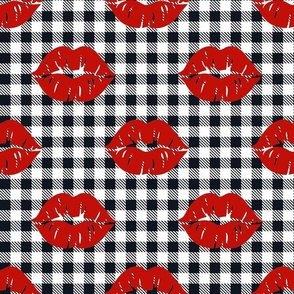 Large Scale Bright Red Lips on Black and White Gingham Checker Plaid