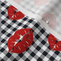Medium Scale Bright Red Lips on Black and White Gingham Checker Plaid