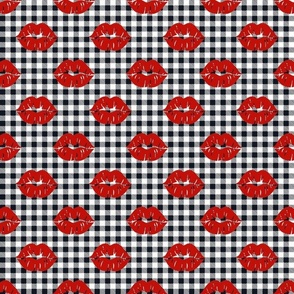 Medium Scale Bright Red Lips on Black and White Gingham Checker Plaid
