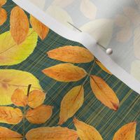 handdrawn walnut and chestnut leaves - pine green linen texture