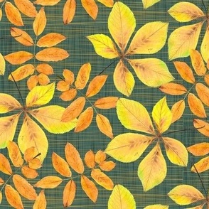 handdrawn walnut and chestnut leaves - pine green linen texture