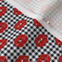 Small Scale Bright Red Lips on Black and White Gingham Checker Plaid