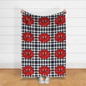 18x18 Square Panel for Cushion or Pillow Bright Red Lips on Black and White Gingham Checker Plaid