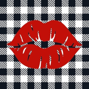 18x18 Square Panel for Cushion or Pillow Bright Red Lips on Black and White Gingham Checker Plaid