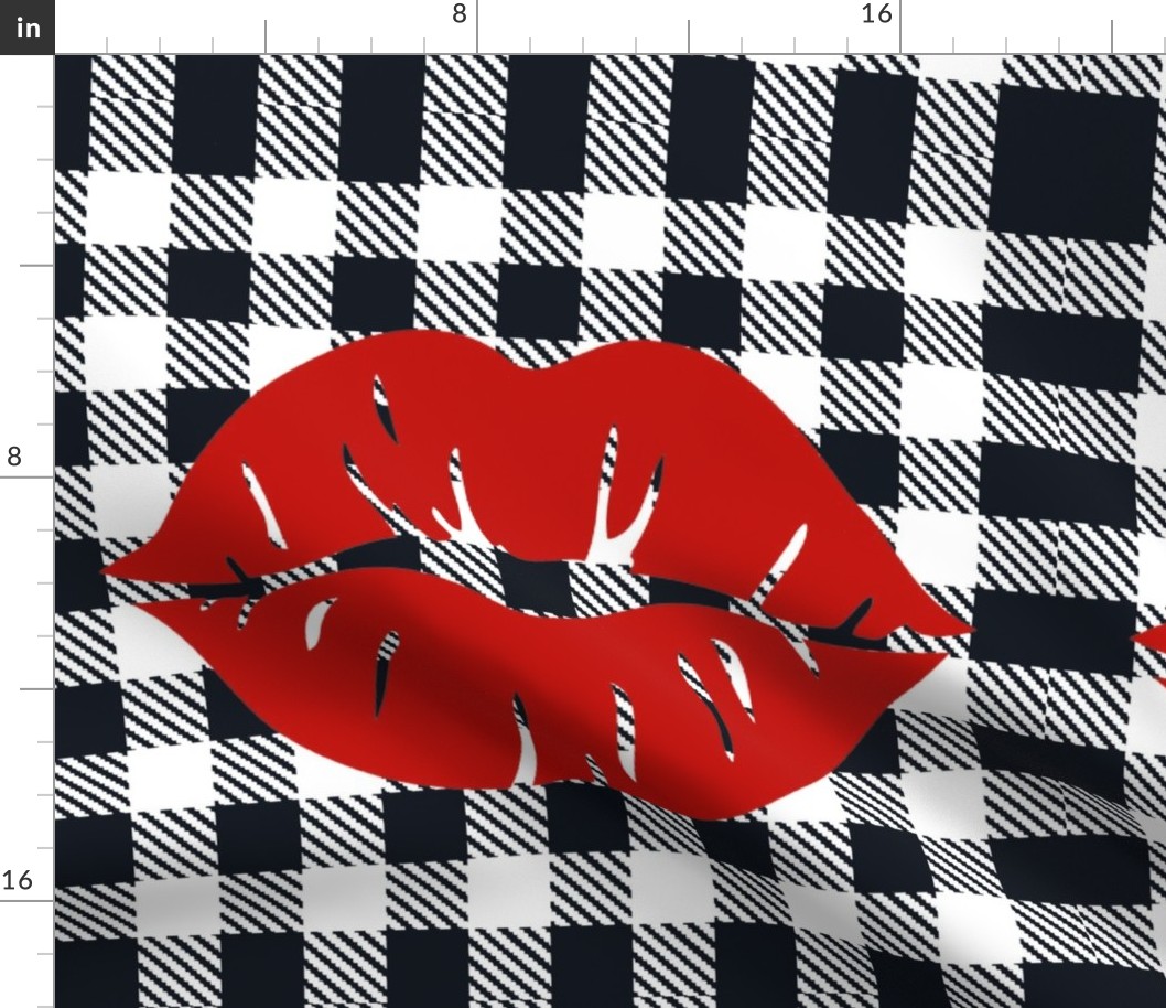 18x18 Square Panel for Cushion or Pillow Bright Red Lips on Black and White Gingham Checker Plaid