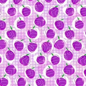 Plum-y Plum! 80s Kitsch Purple Plums over Purple Gingham -- 10.83in x 9.00in repeat -- 941dpi (16% of Full Scale)