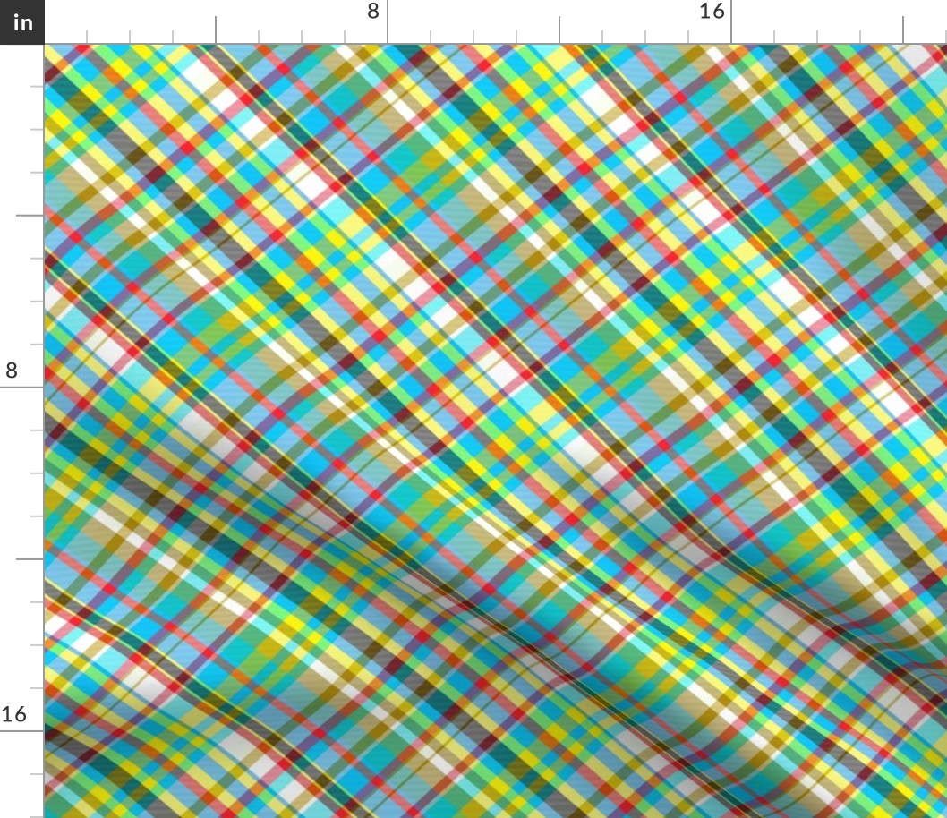 Madras Plaid in Turquoise Sunny Yellow and Cherry Red Turned 45 Degrees