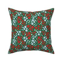 Christmas berries in Poppy redm Emerald green and Fog Matching Petal solids Small scale