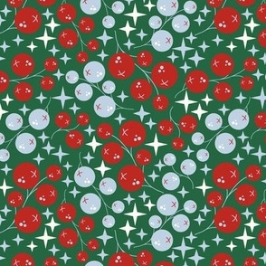 Christmas berries in Poppy redm Emerald green and Fog Matching Petal solids Small scale