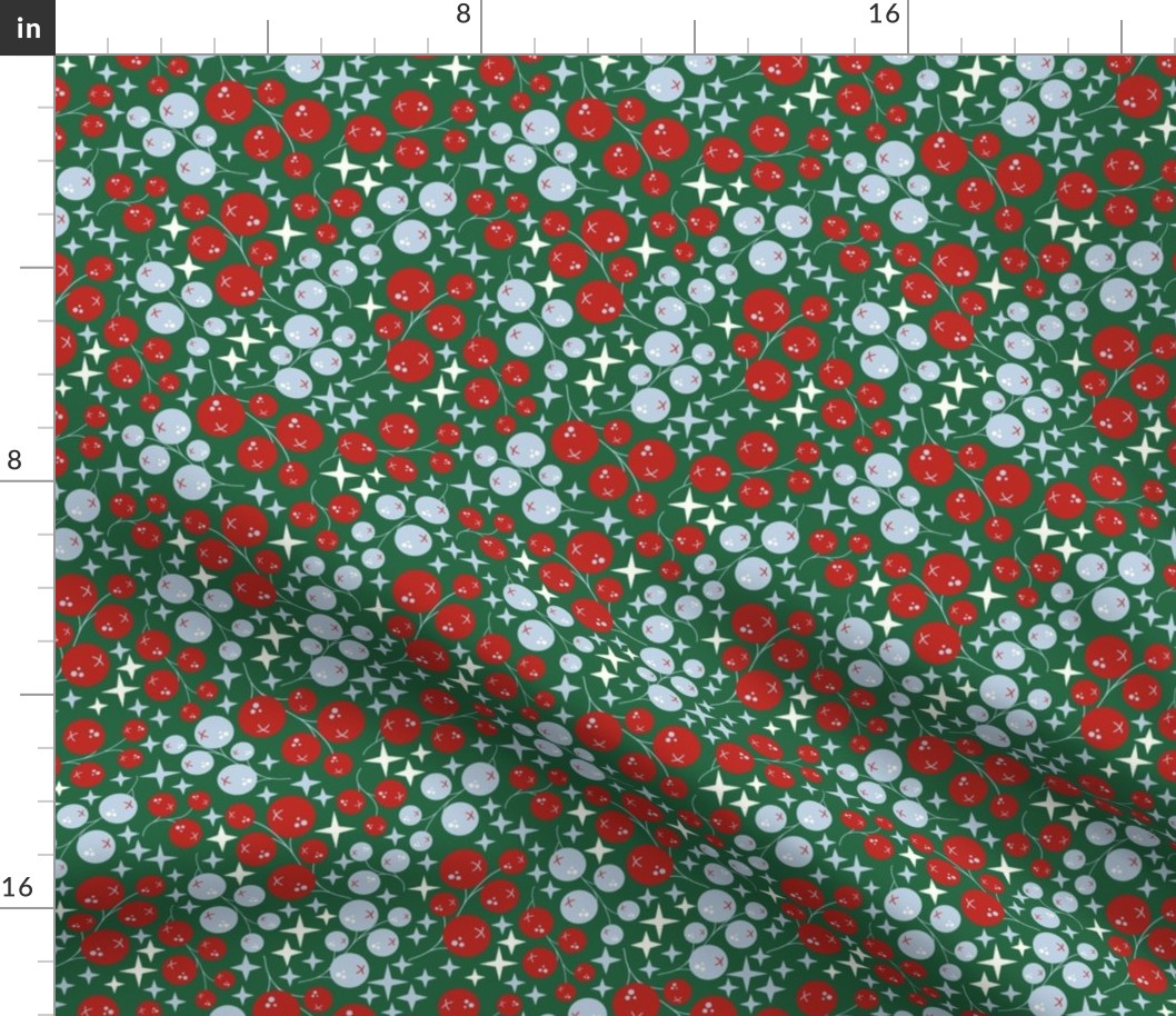 Christmas berries in Poppy redm Emerald green and Fog Matching Petal solids Small scale