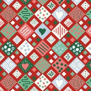 Christmas hand drawn dark check in Poppy red and Emerald green matching Petal solids Small scale