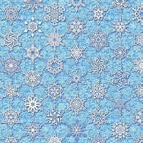 64 snowflakes winter white on ice crystal blue