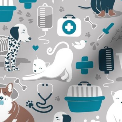 Medium scale // VET medicine happy and healthy friends // grey background turquoise details navy blue white and brown cats dogs and other animals