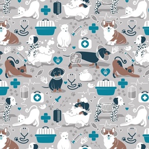 Medium scale // VET medicine happy and healthy friends // grey background turquoise details navy blue white and brown cats dogs and other animals