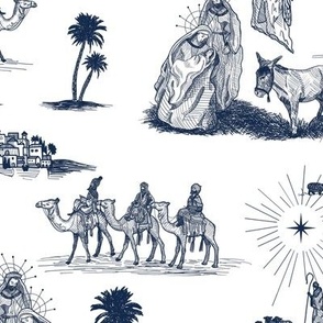 Large Nativity Toile de Jouy,  Navy on White