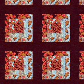  Cheater quilt log cabin 8” Autumn Fall hand printed leaves