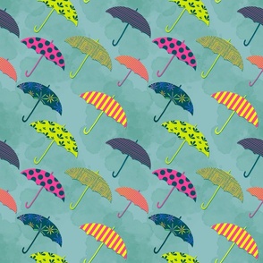 Multicolored Umbrellas with Watercolor Background