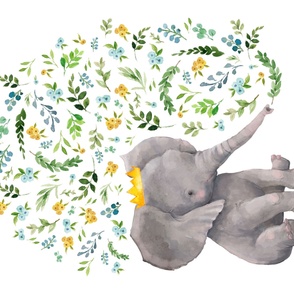 42"x36" Baby Elephant with Gold Crown Yellow and Blue Floral Buds