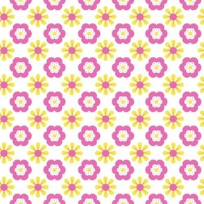 Retro Pink and Yellow Floral on White Horizontal Rows Non Directional