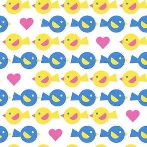 Chubby Yellow and Blue Birds and Flowers in Horizontal Rows on White Small Scale