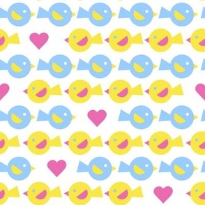 Chubby Yellow and Light Blue Birds and Flowers in Horizontal Rows on White Small Scale