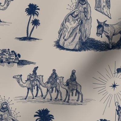 Large Nativity Toile de Jouy, Navy on Taupe