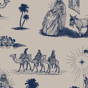 Large Nativity Toile de Jouy, Navy on Taupe