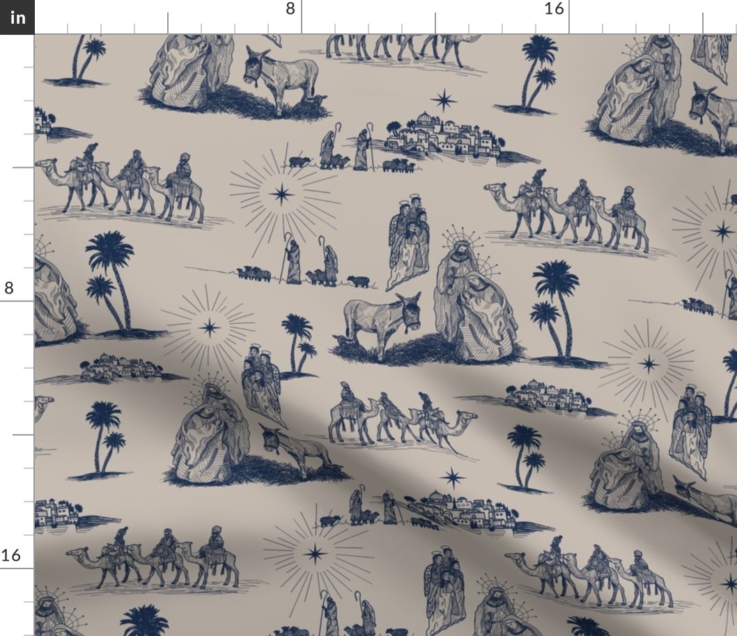 Large Nativity Toile de Jouy, Navy on Taupe