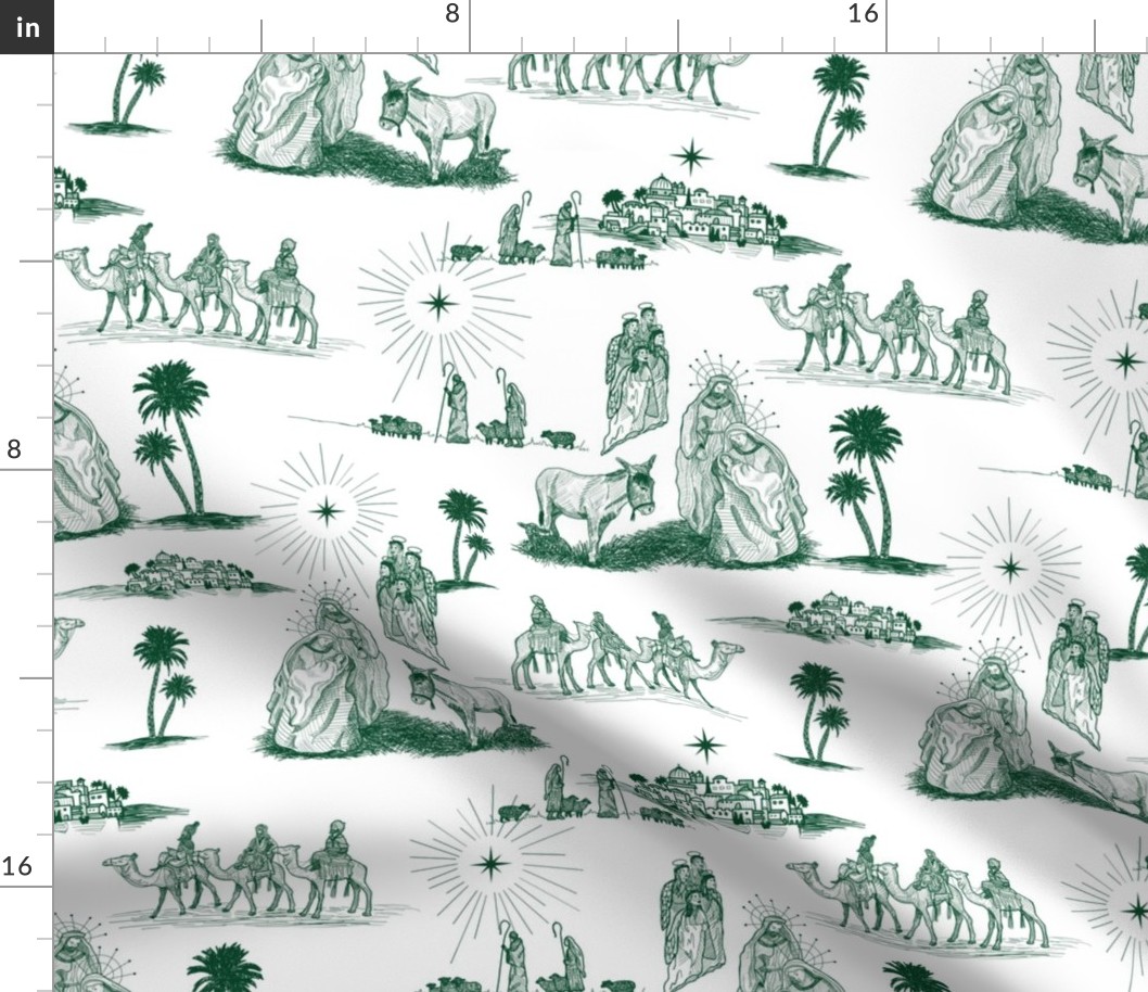 Large Nativity Toile de Jouy, Green on White