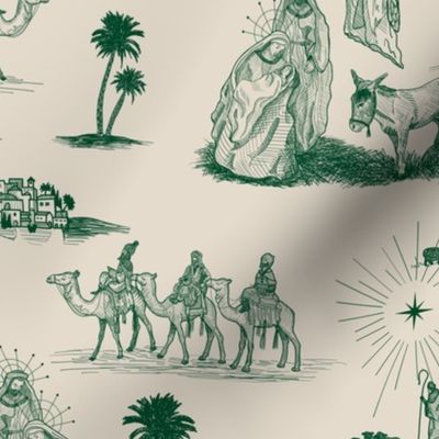 Large Nativity Toile de Jouy, Evergreen on Taupe