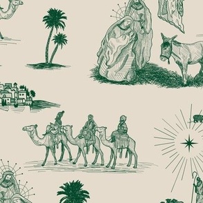 Large Nativity Toile de Jouy, Evergreen on Taupe