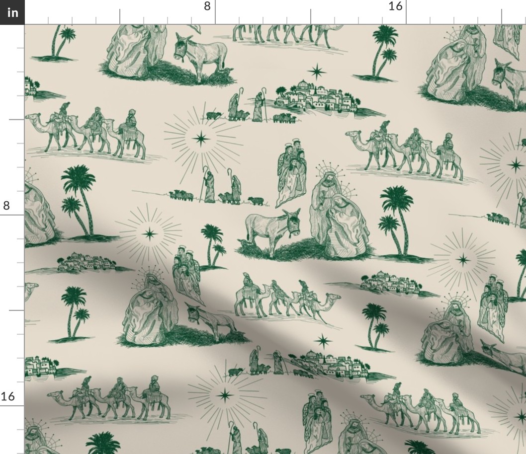 Large Nativity Toile de Jouy, Evergreen on Taupe