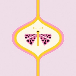 Pink and yellow cute retro butterfly with black dots