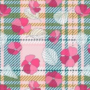 Floral Graphic Tartan (small) - Cotton Candy Pink and Lagoon Teal Blue 