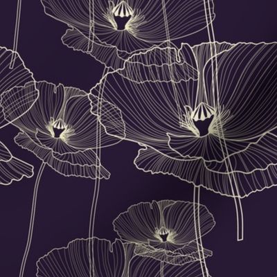 Poppy Flowers Dark // Large Scale // Dark Purple Background // Cream Flowers Poppy
