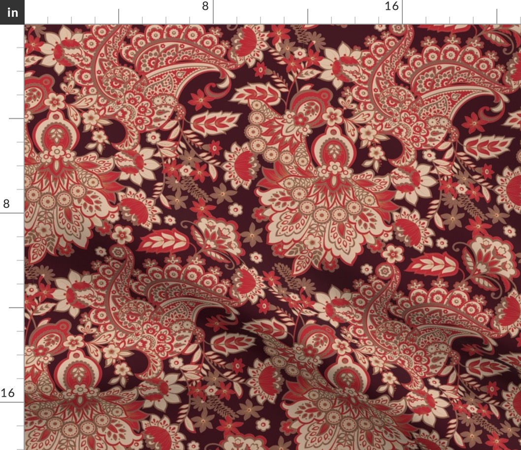 Floral Batik ornament. Ethnic Paisley Floral seamless pattern. Deep red colors