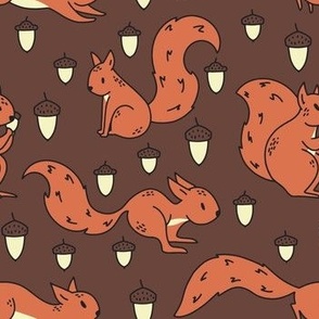 Cute squirrel pattern with acorns in orange and brown background