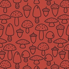 Medium - Toadstool mushroom and acorn pattern in orange red and brown line illustration