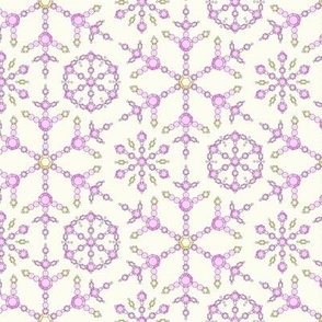 596 - Medium scale Snowflake in Faux Beads, Peals and Crystals in pastel tones of pinks, cream and yellow:  for festive home decor and winter themed kids apparel