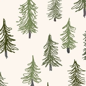463 $ - Medium scale Scribbled Pine Trees in the forest pale cream background  - hand-drawn minimalist for home decor, Christmas party, Christmas decorating, festive table settings and holiday crafts.