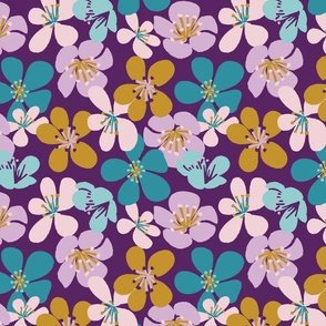 Vintage colorful floral pattern featuring Mustard, Cotton Candy and Lagoon from the Petal Solids Cotton Collection