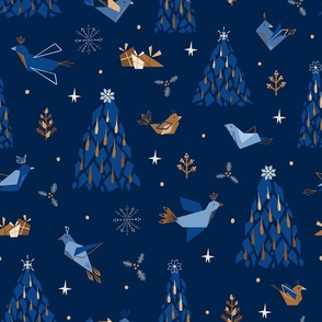 Winter Crystal Geometric Birds + Trees // Christmas Holiday © ZirkusDesign // Navy, Royal, Blue, Gold, Gifts, Snow, Holly, Stars, Forest, Arctic
