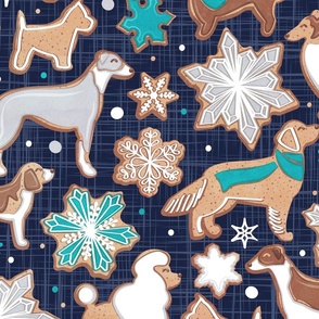 Large jumbo scale // Catching ice and sweetness // navy blue background gingerbread white brown grey and dogs and snowflakes turquoise details
