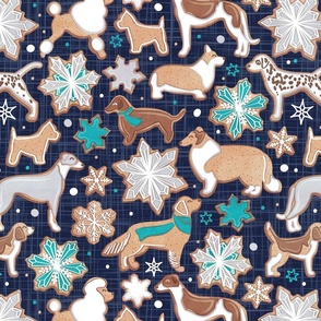 Catching ice and sweetness // normal scale // navy blue background gingerbread white brown grey and dogs and snowflakes turquoise details