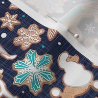 Small scale // Catching ice and sweetness // navy blue background gingerbread white brown grey and dogs and snowflakes turquoise details